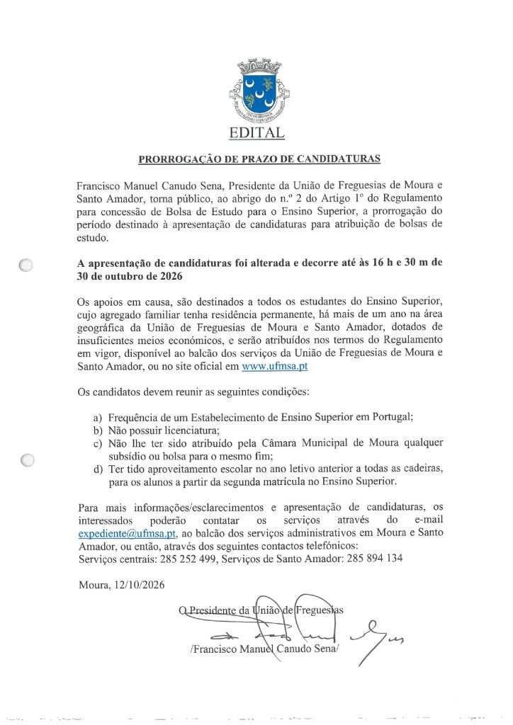Edital Bolsas de Estudo 2026 – Prorrogação do prazo de candidaturas